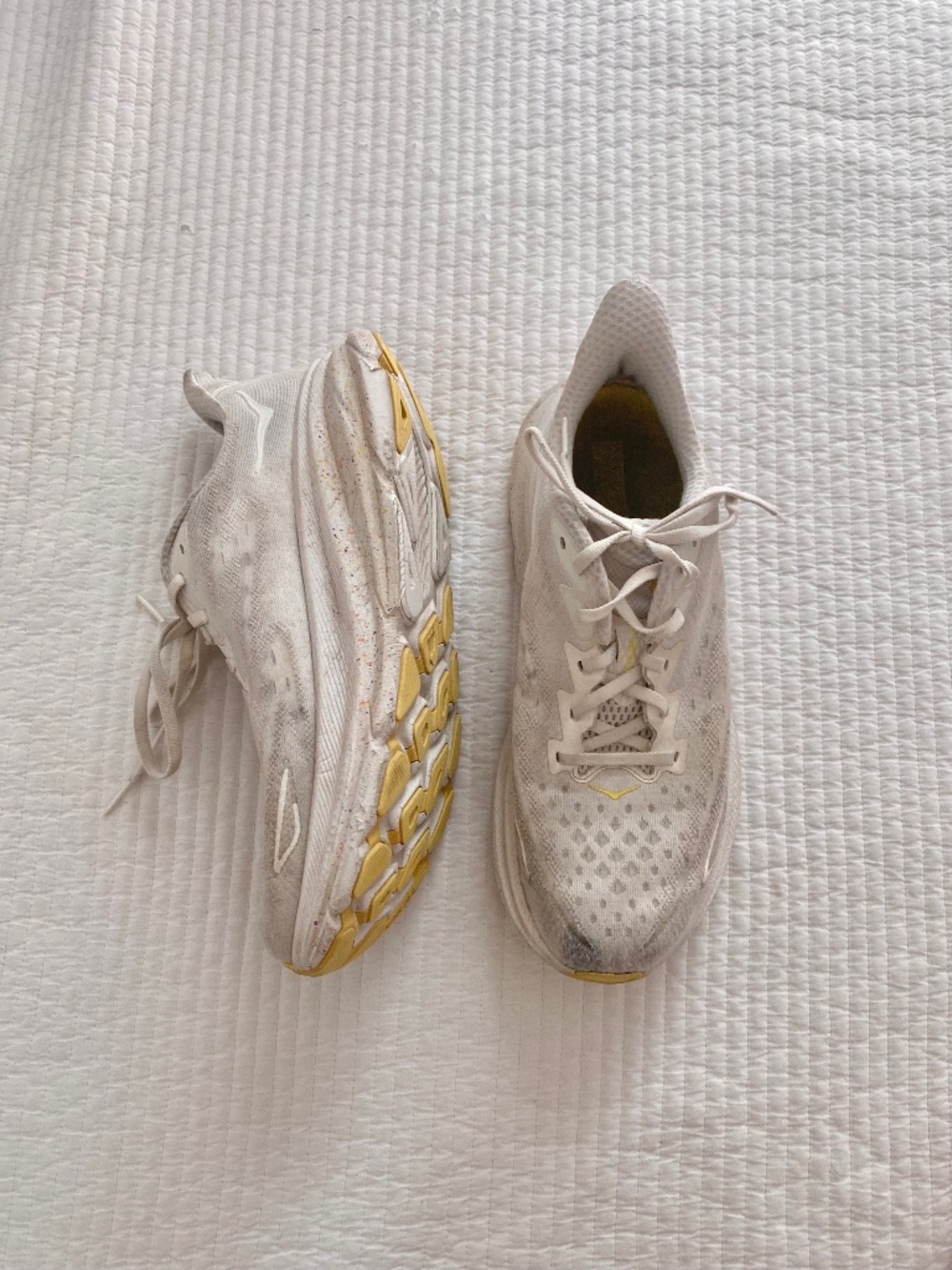 white and yellow women’s hokas running shoes